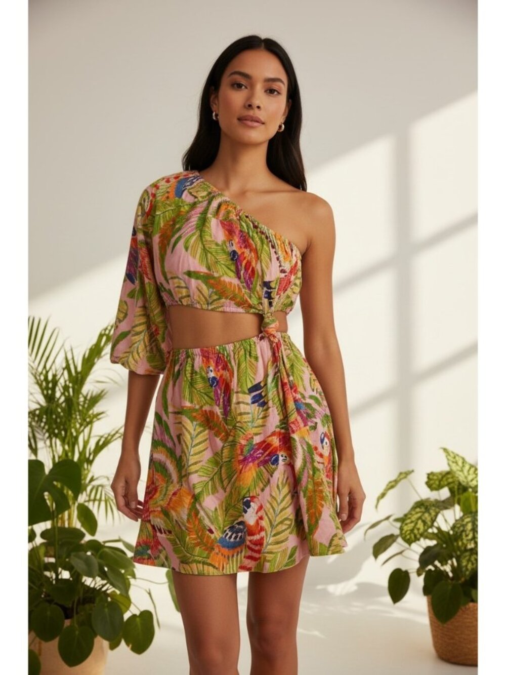Farm Rio One Shoulder Mini Dress Womens Size L Tan Tropical Parrot Resort Boho